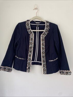 White House Black Market Womens Navy Embellished Open-Front Jacket 10